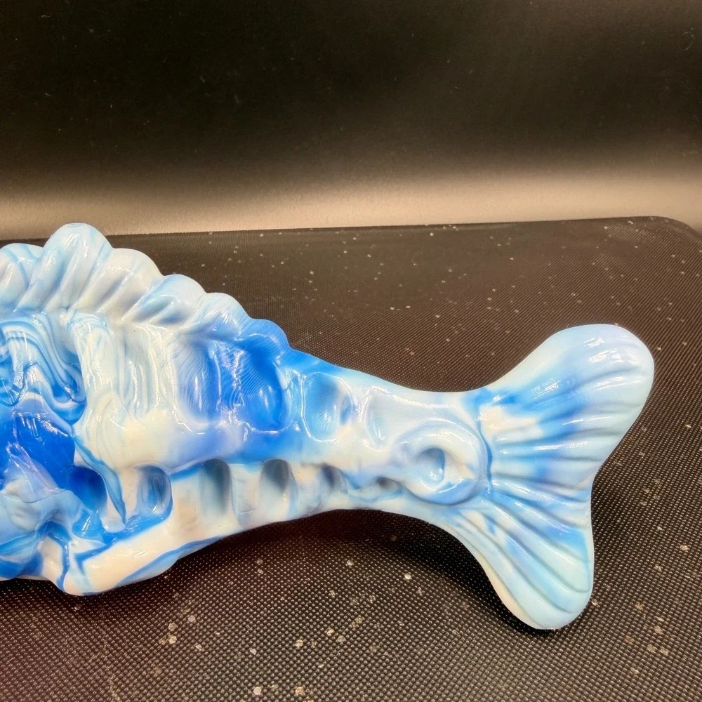 Hand Crafted Resin Fish Skeleton Figurines Blue Green Marbled Art Decor Set of 2